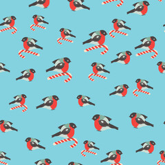 Seamless pattern for Christmas with cane lollipop and bullfinch bird. Winter holiday