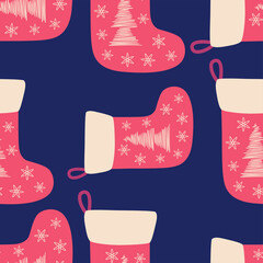 New Year s seamless background with Christmas socks, candy, gifts and snowflakes