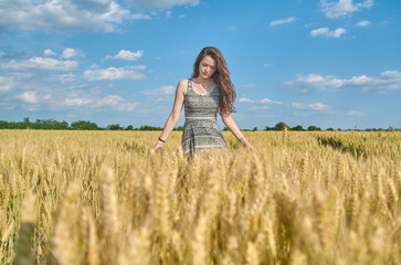 Naklejka na ściany i meble Young girl with long hair in a field