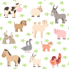 Farm animals seamless pattern. Cute cartoon pet and domestic animals collection: cow, horse, donkey, camel, dog, pig, sheep, goat, cat, rabbit and rooster and chicken and goose. 