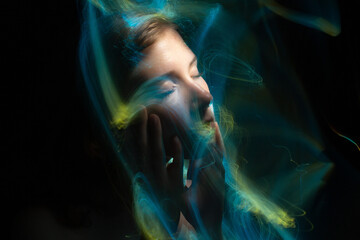 lightpainting portrait, new art direction, long exposure photo without photoshop, light drawing at long exposure	
