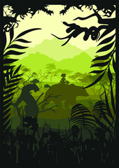 Vector illustration of paper art.  Poster about Mowgli in the jungle Green gradient.