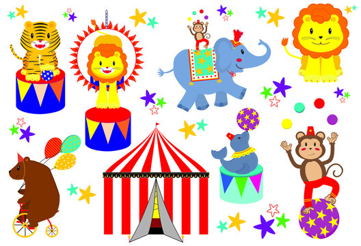 Set of cartoon cute circus animals