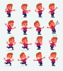 Cartoon character white little boy. Set with different postures, attitudes and poses, doing different activities in isolated vector illustrations