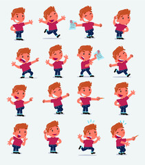 Cartoon character white little boy. Set with different postures, attitudes and poses, doing different activities in isolated vector illustrations