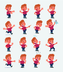 Cartoon character white little boy. Set with different postures, attitudes and poses, doing different activities in isolated vector illustrations