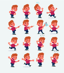 Cartoon character white little boy. Set with different postures, attitudes and poses, doing different activities in isolated vector illustrations