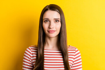 Photo of cute long hairdo millennial lady wear red sweater isolated on vibrant yellow color background