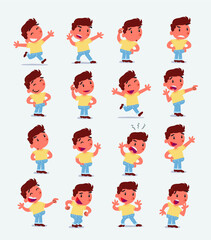 Cartoon character white little boy. Set with different postures, attitudes and poses, doing different activities in isolated vector illustrations