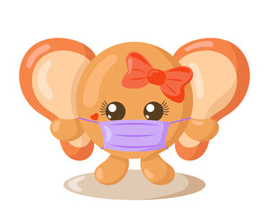 Funny cute kawaii elephant with round body and protective medical face mask in flat design with shadows. Isolated animal vector illustration	