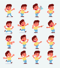 Cartoon character white little boy. Set with different postures, attitudes and poses, doing different activities in isolated vector illustrations