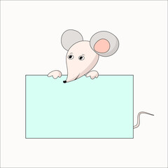 Cartoon mouse holding a poster, banner with place for text. A place for announcements, advertisements, promo actions, information. Flat mouse. Vector illustration. Isolated white background.