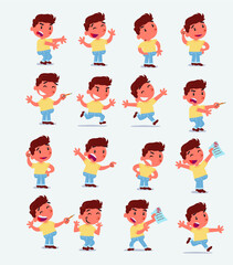 Cartoon character white little boy. Set with different postures, attitudes and poses, doing different activities in isolated vector illustrations