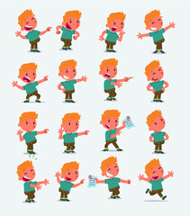 Cartoon character white little boy. Set with different postures, attitudes and poses, doing different activities in isolated vector illustrations