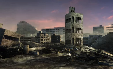 Fotobehang 3d render illustration of bombed and ruined battlefield city backdrop artwork. © breakermaximus