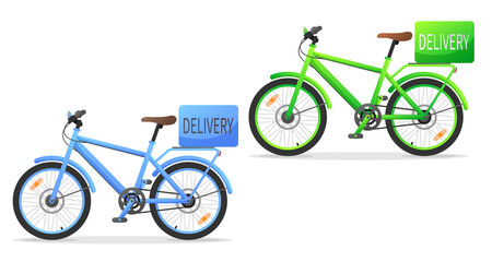 Blue and green retro bicycle, cycle with delivery boxes isolated on white background. Vector illustration for design, flyer, poster, banner, web, advertising.