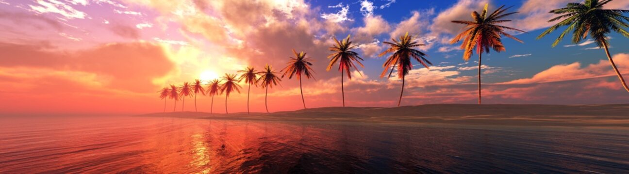Palm trees on the beach in a row at sunset, Tropical beach with palm trees, dramatic sunset over the sea ,, 3D rendering