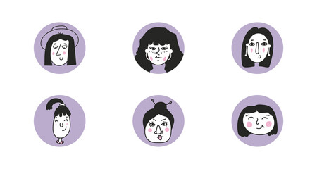 Set of different women faces, avatars in purple circles isolated on white background. Vector illustration for card, party, design, flyer, poster, decor, banner, web, advertising. 