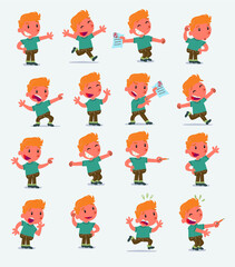 Cartoon character white little boy. Set with different postures, attitudes and poses, doing different activities in isolated vector illustrations