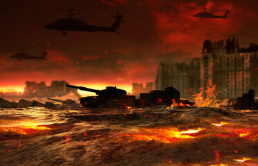 3d geef illustratie van het branden van slagveld met tanks en helikopters terug die op geruïneerde stadsachtergrond vliegen, achtergrondkunstwerk.