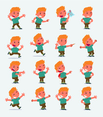 Cartoon character white little boy. Set with different postures, attitudes and poses, doing different activities in isolated vector illustrations
