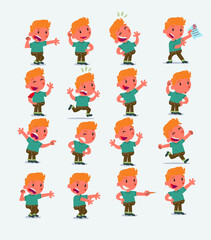 Cartoon character white little boy. Set with different postures, attitudes and poses, doing different activities in isolated vector illustrations