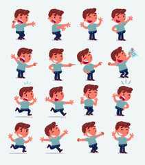 Cartoon character white little boy. Set with different postures, attitudes and poses, doing different activities in isolated vector illustrations