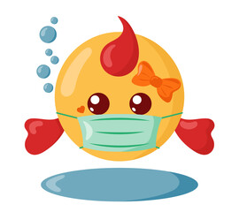 Funny cute kawaii fish with round body and protective medical face mask in flat design with shadows. Isolated animal vector illustration	