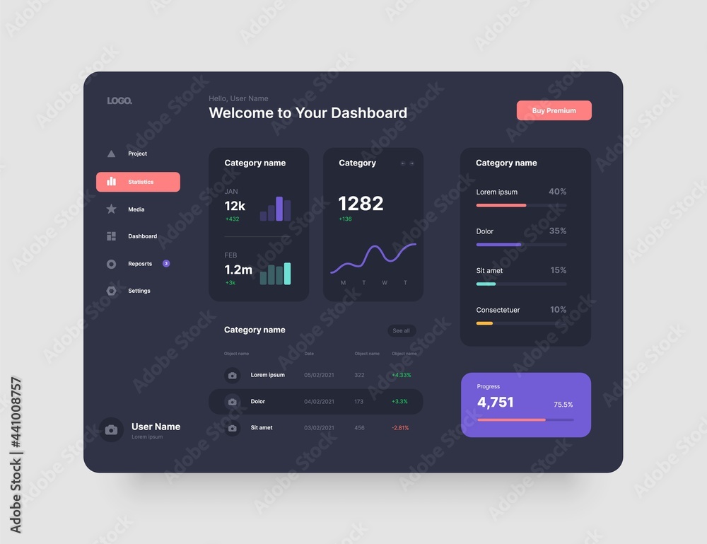 Poster dashboard design in dark colors. app interface with ui and ux elements. use design for web applicati