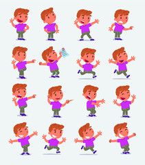 Cartoon character white little boy. Set with different postures, attitudes and poses, doing different activities in isolated vector illustrations