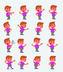 Cartoon character white little boy. Set with different postures, attitudes and poses, doing different activities in isolated vector illustrations
