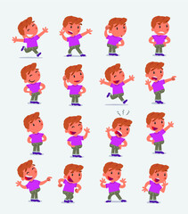 Cartoon character white little boy. Set with different postures, attitudes and poses, doing different activities in isolated vector illustrations