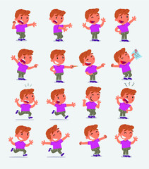Cartoon character white little boy. Set with different postures, attitudes and poses, doing different activities in isolated vector illustrations