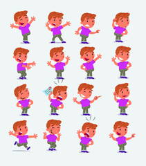 Cartoon character white little boy. Set with different postures, attitudes and poses, doing different activities in isolated vector illustrations