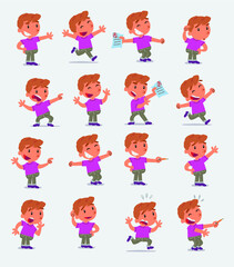 Cartoon character white little boy. Set with different postures, attitudes and poses, doing different activities in isolated vector illustrations