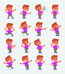 Cartoon character white little boy. Set with different postures, attitudes and poses, doing different activities in isolated vector illustrations