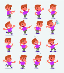 Cartoon character white little boy. Set with different postures, attitudes and poses, doing different activities in isolated vector illustrations
