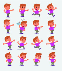 Cartoon character white little boy. Set with different postures, attitudes and poses, doing different activities in isolated vector illustrations