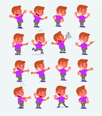 Cartoon character white little boy. Set with different postures, attitudes and poses, doing different activities in isolated vector illustrations