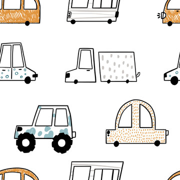 Vector hand-drawn color seamless repeating children simple pattern with cute cars in Scandinavian style on a white background. Children's pattern with cars. Transport. Road