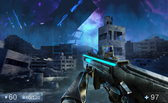 3d render illustration of sci-fi first person shooter game with soldier hands holding futuristic weapon on alien invaded ruined city battlefield background.