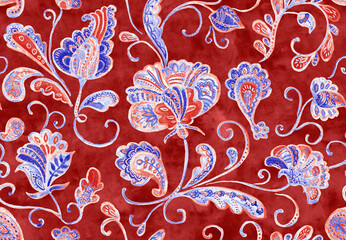 Paisley watercolor floral pattern tile: flowers, flores, tulips, leaves. Oriental indian traditional hand painted water color whimsical seamless print, ceramic design. Abstract india batik background
