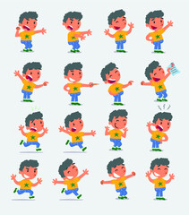 Cartoon character white little boy. Set with different postures, attitudes and poses, doing different activities in isolated vector illustrations