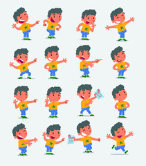 Cartoon character white little boy. Set with different postures, attitudes and poses, doing different activities in isolated vector illustrations