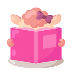 Funny cute kawaii lamb with book in flat design with shadows. Isolated animal vector illustration	