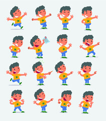 Cartoon character white little boy. Set with different postures, attitudes and poses, doing different activities in isolated vector illustrations