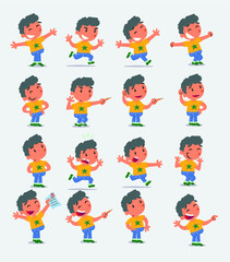 Cartoon character white little boy. Set with different postures, attitudes and poses, doing different activities in isolated vector illustrations