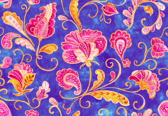 Paisley watercolor floral pattern tile: flowers, flores, tulips, leaves. Oriental indian traditional hand painted water color whimsical seamless print, ceramic design. Abstract india batik background