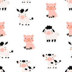 Vector hand-drawn color seamless repeating childish simple pattern with cute pig, donkey, cow, sheep in Scandinavian style on a white background. Trendy scandinavian background. Cute farm animals.