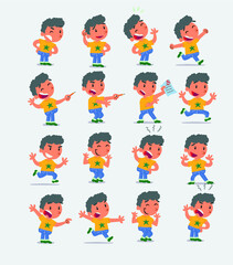 Cartoon character white little boy. Set with different postures, attitudes and poses, doing different activities in isolated vector illustrations